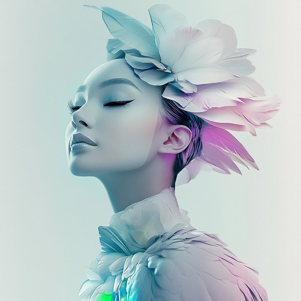 Mujer con plumas en fondo blanco para servicios de posicionamiento web y publicidad en google ads